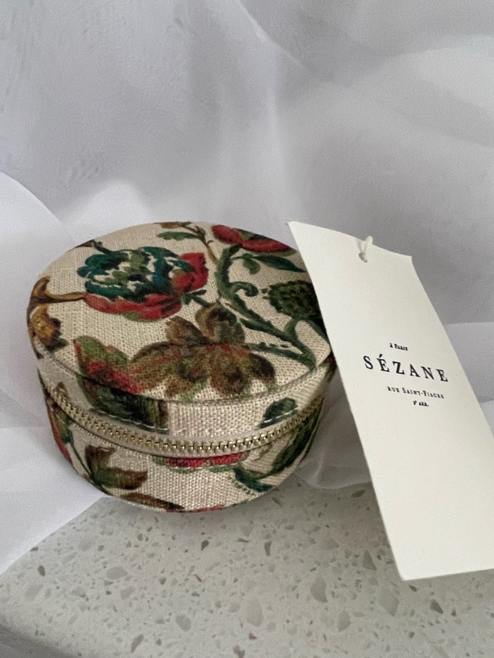 Sezane Round Floral Jewelry Case in Cream with Multicolor Bouquet